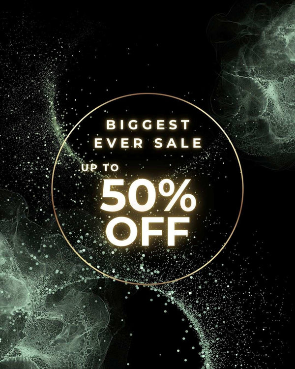 Promotional text 'Biggest Ever Sale Up to 50% Off' on a dark background with abstract designs.