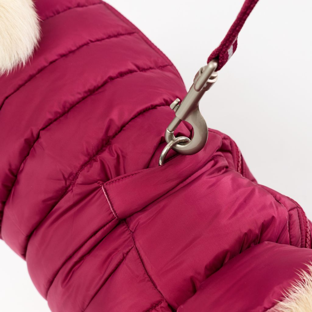 Harness Hole Reversible Dog Puffer Jacket | Berry