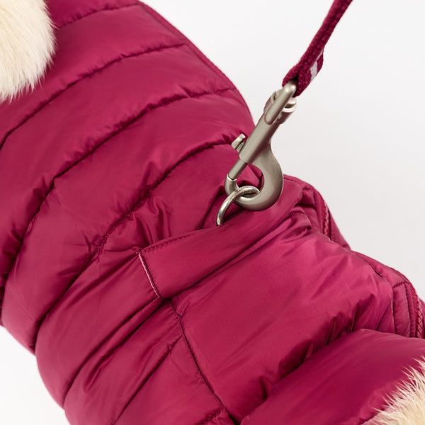 Harness Hole Reversible Dog Puffer Jacket | Berry
