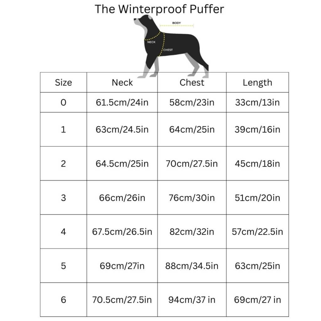 Size chart for 'The Winterproof Puffer' with a dog illustration.