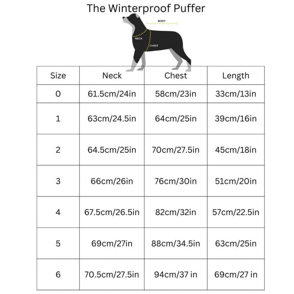 Size chart for 'The Winterproof Puffer' with a dog illustration.