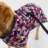 Dog wearing a colorful floral-patterned coat on a white background