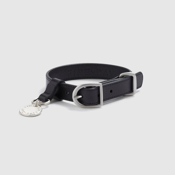 Premium black leather dog collar with a stainless-steel buckle and tag Snoot Style