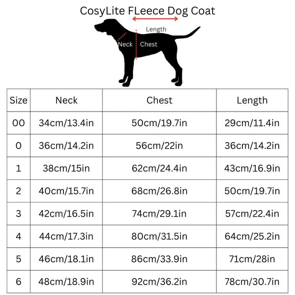 CosyLite Fleece Dog Coat size chart with a black dog illustration and measurements.