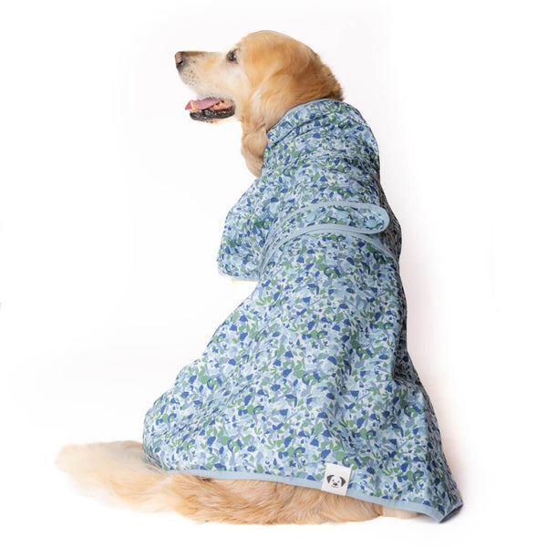 A Golden Retreiver wearing a printed Snoot Style Dog Raincoat.