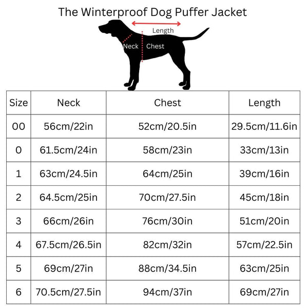 Snoot Style Dog Puffer Jacket Size Chart