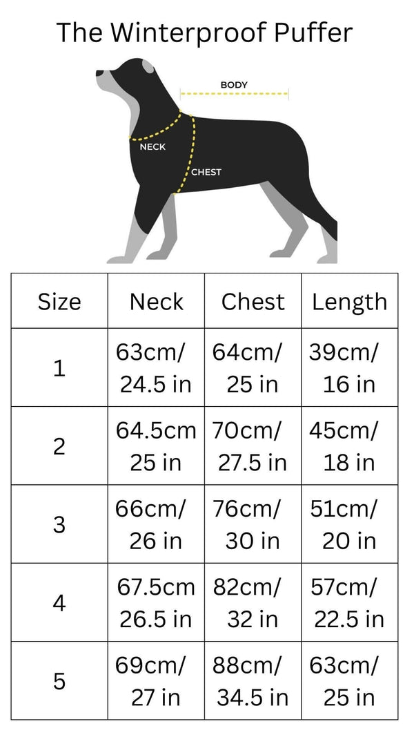 Snoot Style Dog Puffer Jacket size Chart.