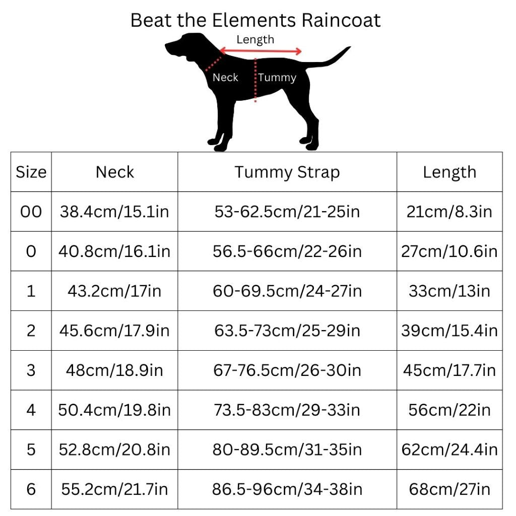 Snoot Style Dog Raincoat Size Chart