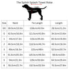 Size chart for a dog splash towel robe, showing a black silhouette of a dog with labeled neck, length, and chest measurements, plus a size table listing neck and tie length measurements from size 00 to 6.