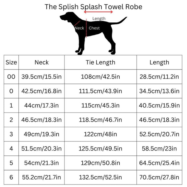 Size chart for a dog splash towel robe, showing a black silhouette of a dog with labeled neck, length, and chest measurements, plus a size table listing neck and tie length measurements from size 00 to 6.