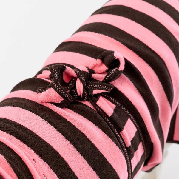 Tie back striped dog towel robe.