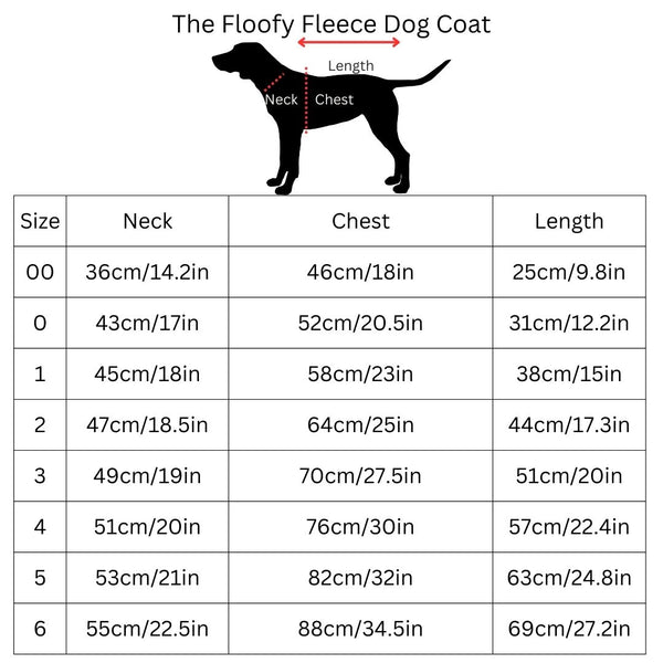 Snoot Style Fleece Dog Coat Size Chart