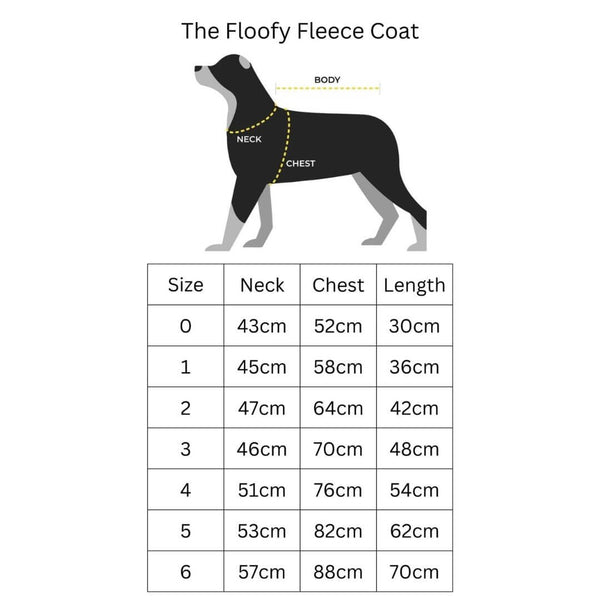 Snoot Style Fleece Dog Coat size chart.