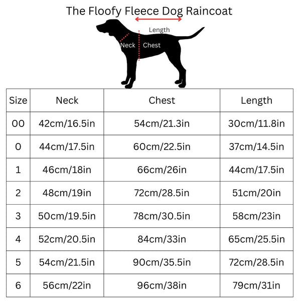 Snoot Style Waterproof Dog Raincoat Size Chart