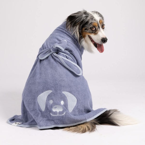 Snoot Style tie back dog bath robe.