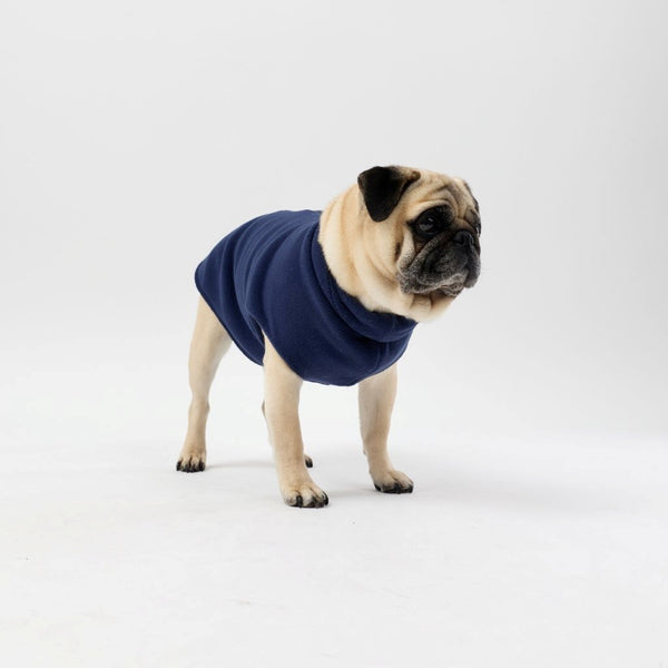 A Pug wearing a Snoot Style Fleece Dog Coat.