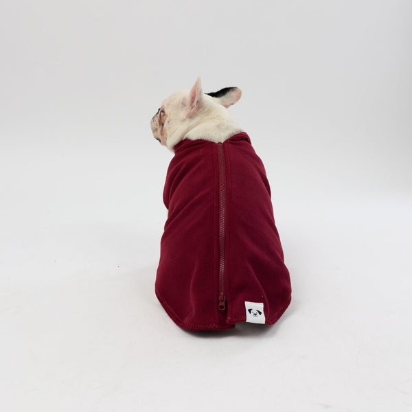 A French Bulldog wearing a Snoot Style Fleece Dog Coat.