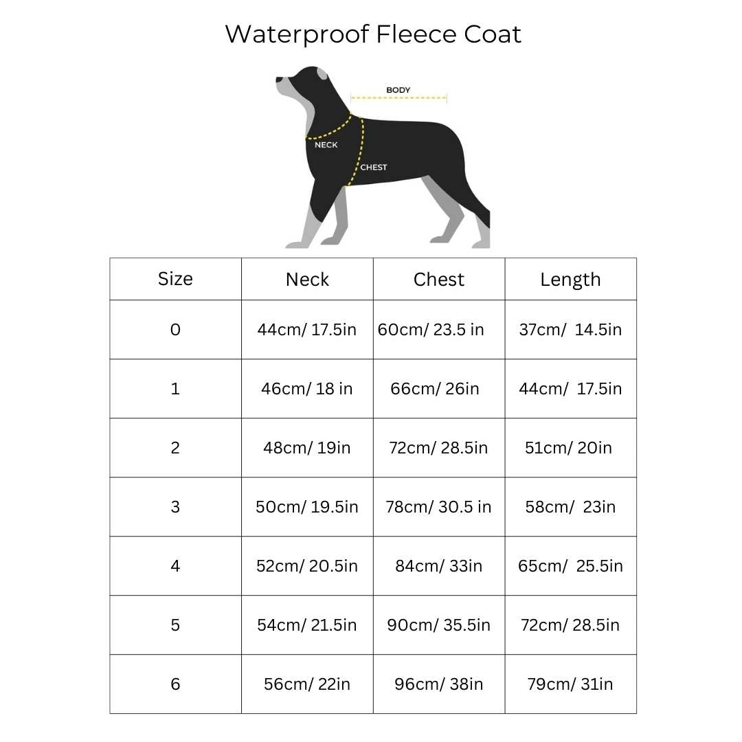 Winter Dog Raincoat Size chart