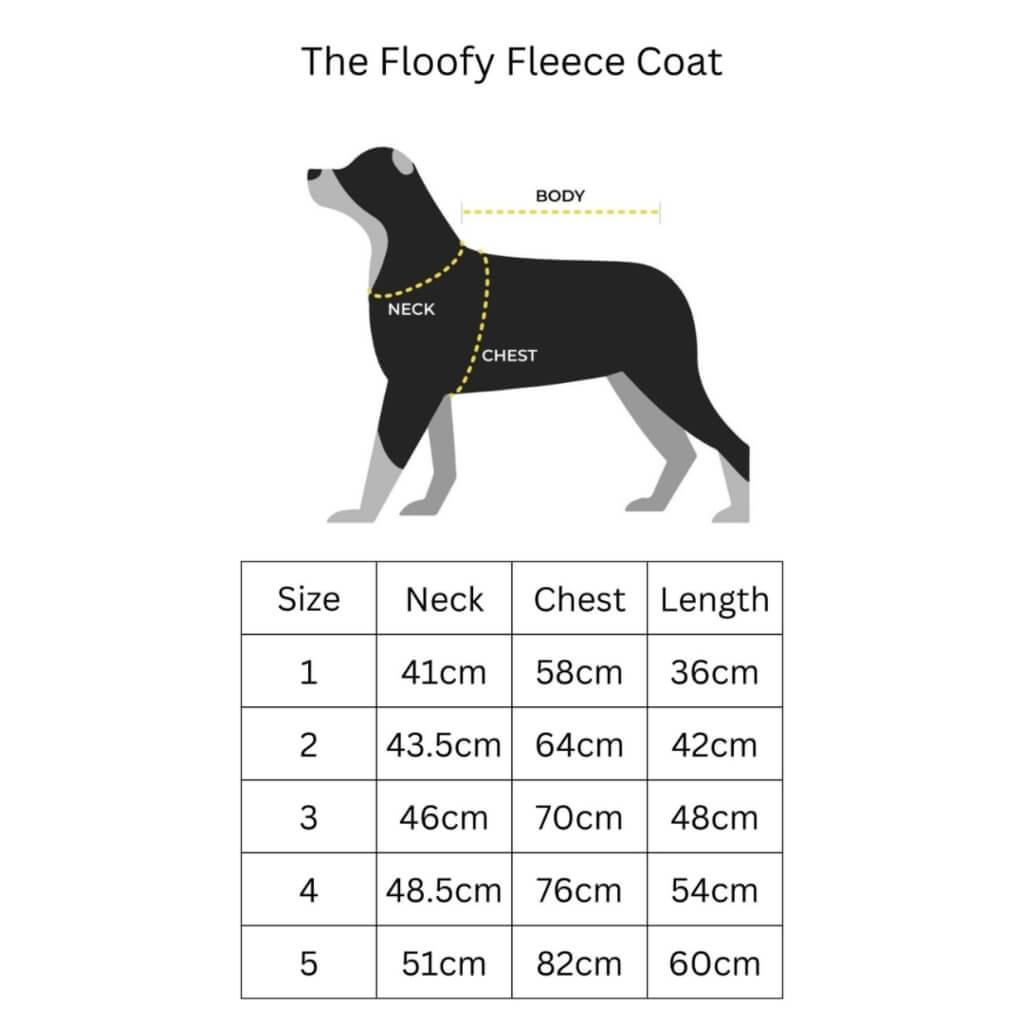 The Floofy Fleece Dog Coat size chart.