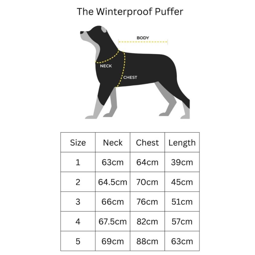Size chart for the Snoot Style Dog Puffer Jacket.