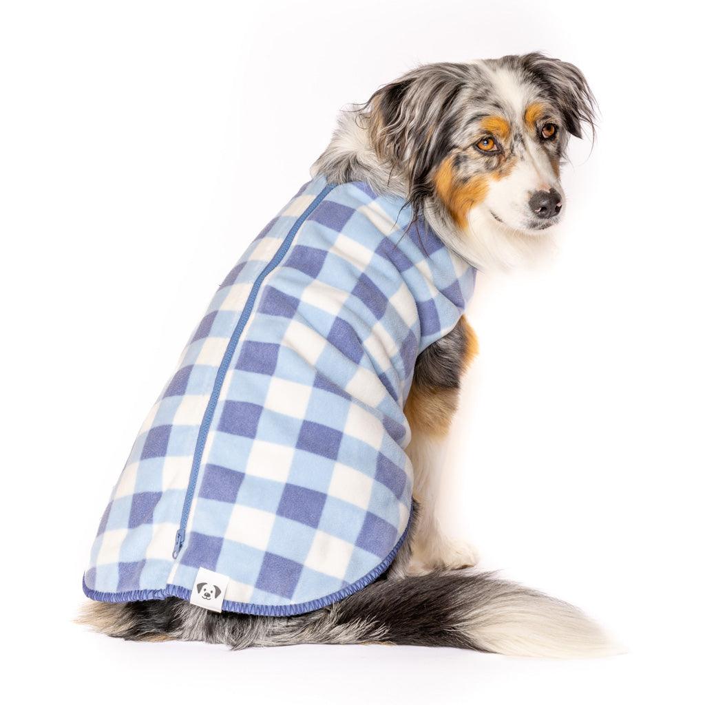 Snoot Style Fleece Dog Coat in blue gingham.