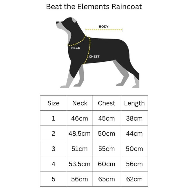 Size chart for the Snoot Style Beat the Elements Dog Raincoat.