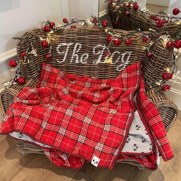 A dog bed decorated for Christmas with fairy lights and a red check fleece dog blanket.