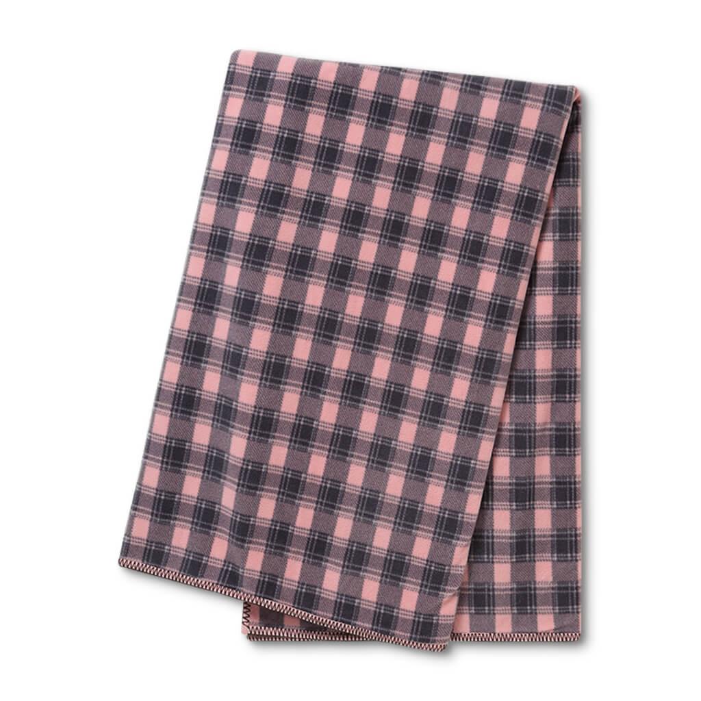 A pink and grey check fleece dog blanket folded neatly.