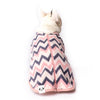 A French Bulldog from the back modelling a pink stripe fleece dog coat.