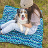 A lady and her dog hugging on a fleece blanket.