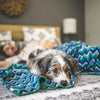A man and his dog in bed sharing a fleece blanket.