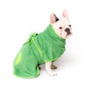 A French Bulldog wearing a green dog drying robe.
