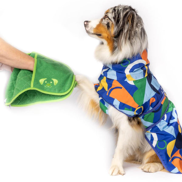 A dog having its paw dried with a Snoot Style dog drying mitt.