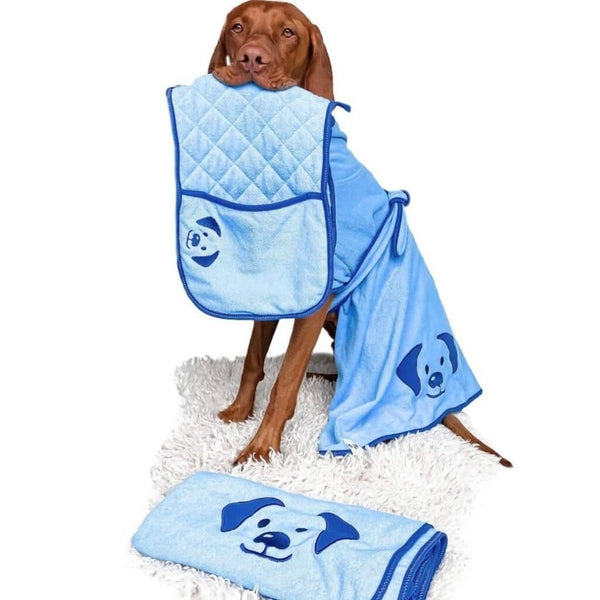 A vizsla dog wearing a dog drying robe and holding a dog drying mitt in his mouth.