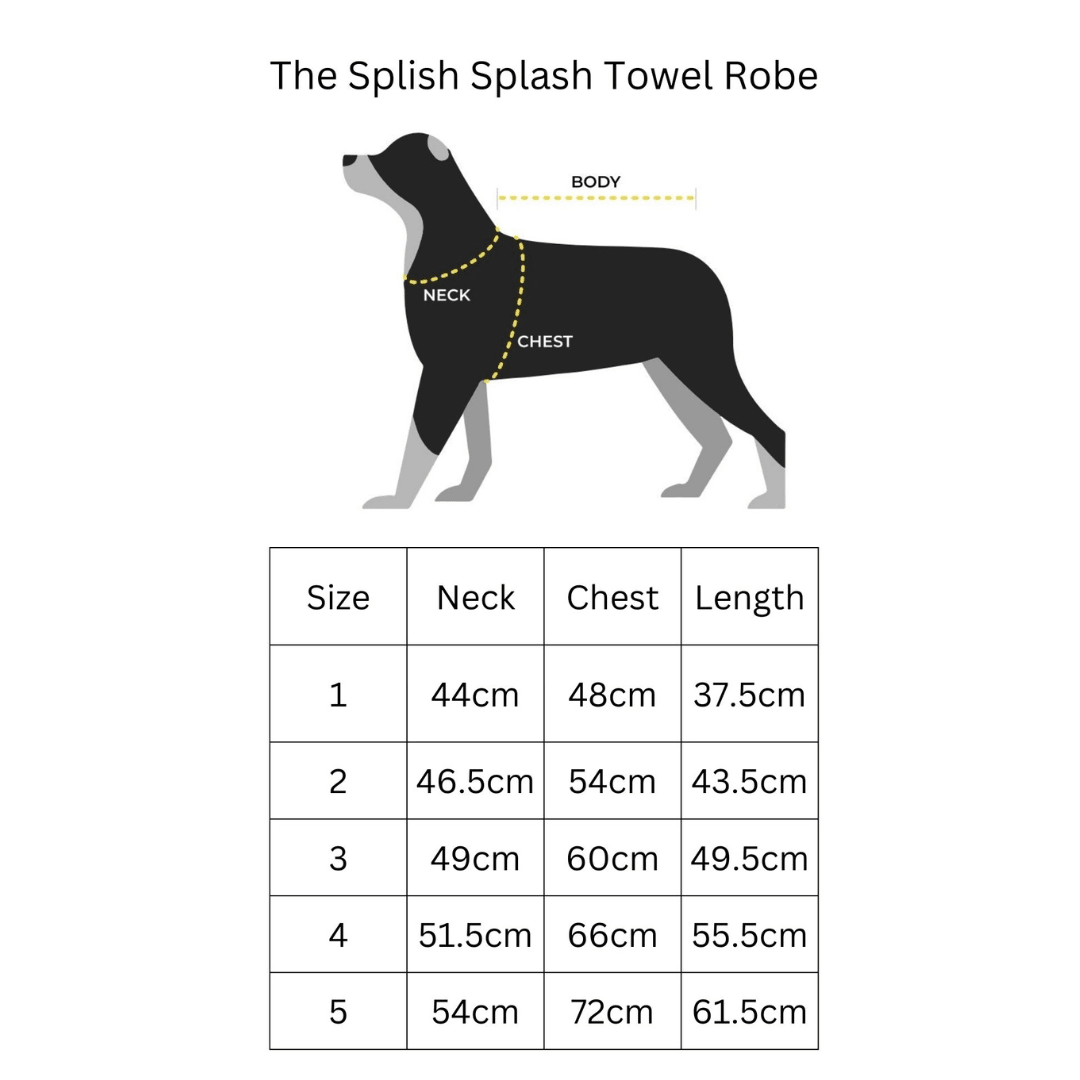 Size chart for the Snoot Style Splish Splash Towel Robe.