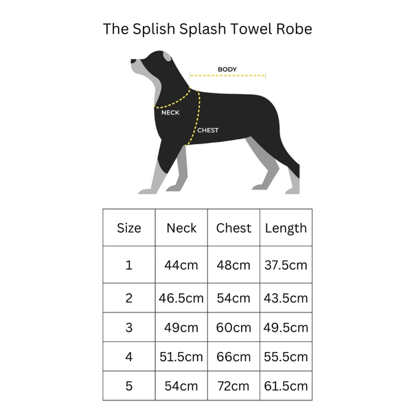 Size chart for the Splish Splash Dog Towel Robe